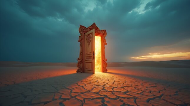 A surreal portal of light emerges from an open door in a cracked desert, a metaphor for new beginnings and opportunity