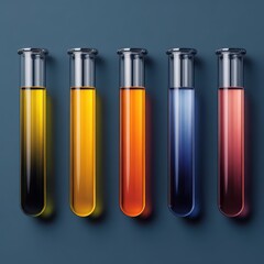 Five colorful liquids in laboratory test tubes on a dark blue background