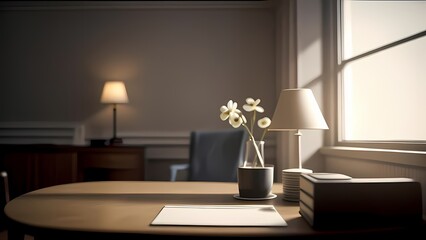 A serene workspace featuring a round wooden table with a letter, a vase of flowers, and a lamp, bathed in soft, natural light from a nearby window.