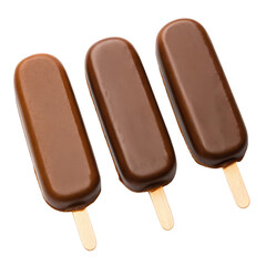 Three chocolate popsicles isolated on transparent background