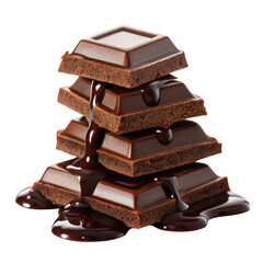 Chocolate pieces with dripping chocolate sauce isolated on transparent background