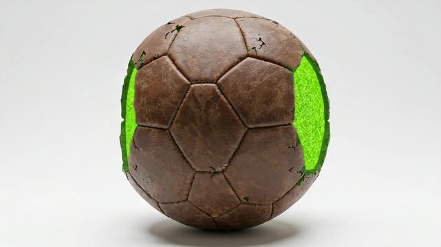 A worn soccer ball with vibrant green grass patch