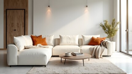Serene modern living room oasis with plush white sectional, warm accents, and natural light creating cozy ambiance.