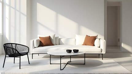 Modern minimalist living room with white sofa, black accent chair, and sunlit ambiance.