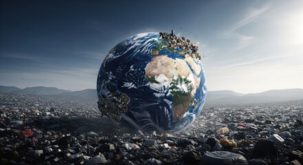 Earth choked by pollution and waste.  A massive globe is surrounded by a vast expanse of trash, symbolizing the environmental crisis.  The planet appears weighed down by the accumulated garbage