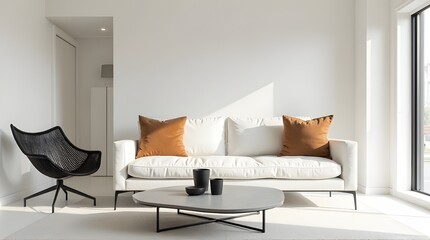 Modern minimalist living room with comfortable white sofa, stylish black chair, and warm decor