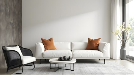 Modern living room sanctuary featuring plush white sofa, chic black armchair, and warm terracotta accents.