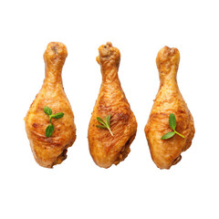 Three fried chicken drumsticks isolated on transparent background