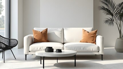 Serene modern living room oasis with plush white sofa, warm accent pillows, and minimalist decor