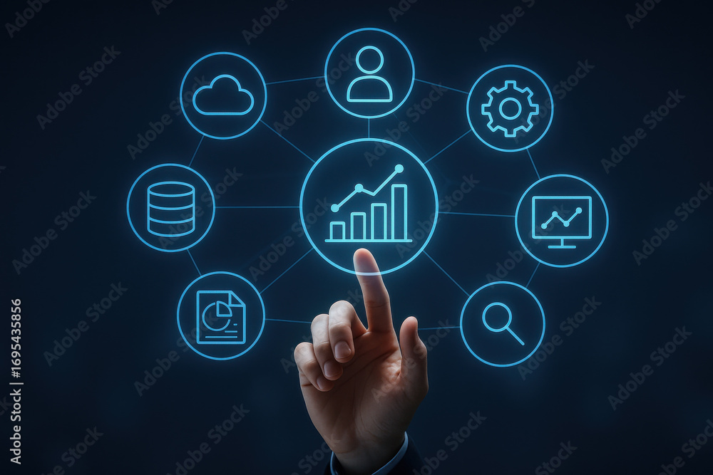 Poster data analysis and business growth concept with hand pointing at chart icon
