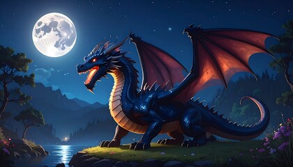 A magnificent dragon, its dark scales shimmering under the moonlight, stands watch over a serene, nocturnal landscape.