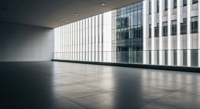 Empty modern architectural balcony overlooking city skyscrapers.  Spacious, minimalist, and sleek concrete floor