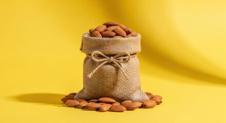 A burlap sack overflowing with almonds on a vibrant yellow background