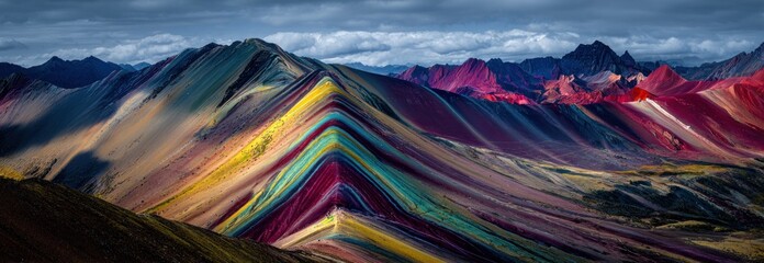 Vividly colored mountain range features striking bands of earth tones under a cloudy sky, showing a diverse, rugged, and natural landscape