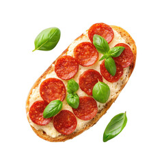 Toast with salami and basil isolated on transparent background
