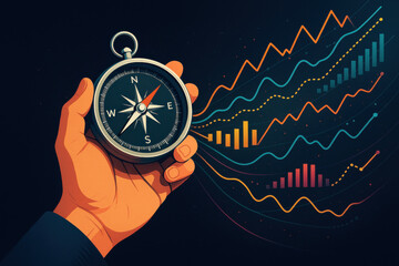 Hand holding compass with financial chart lines showing direction and growth concept