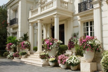 Fototapeta premium Grand white mansion entrance, adorned with vibrant flower planters