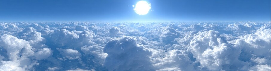 Expansive panoramic view of dense clouds beneath a blue sky, sun brightly shining