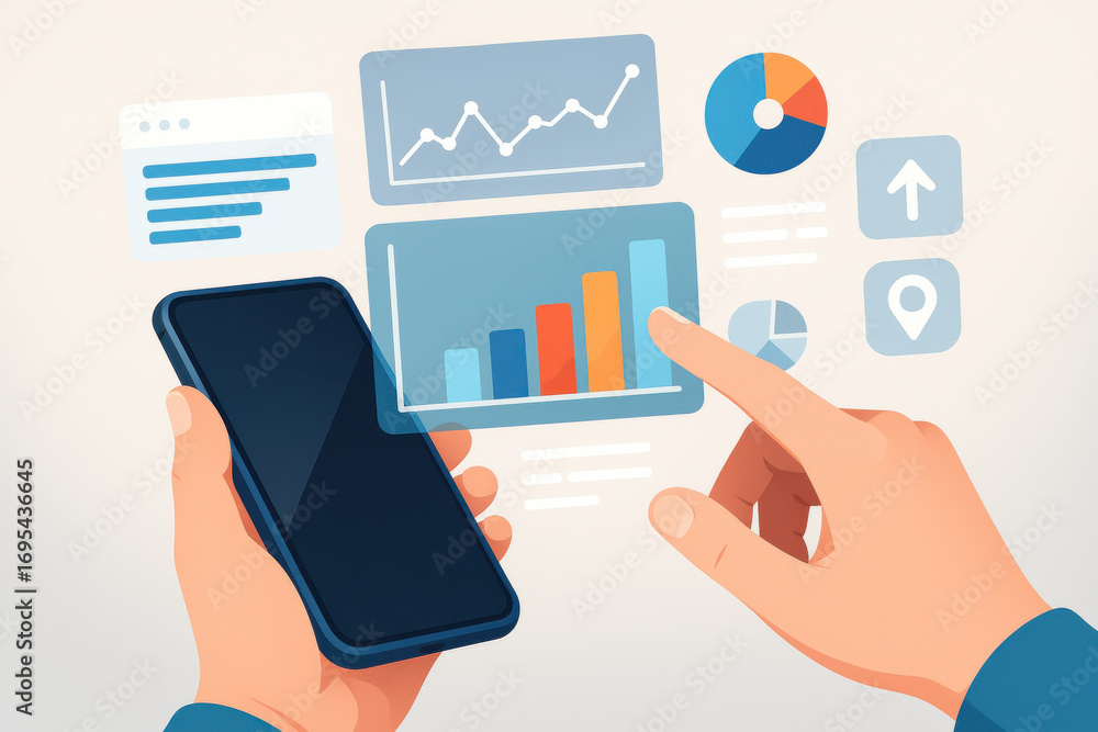 Poster mobile phone with business data charts and graphs showing financial growth and analysis