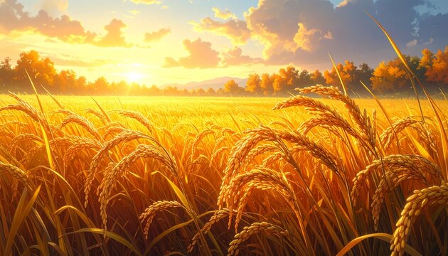 Closeup of golden rice ears in October autumn paddy fields. Seasonal imagery themes. Detailed high quality image. 