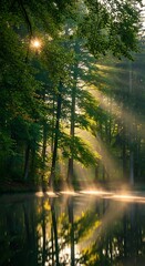 Fototapeta premium Sunlight streams through a tranquil forest, illuminating a serene pond reflecting the verdant trees.