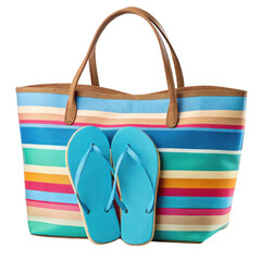 Striped beach bag with blue flip flops isolated on transparent background