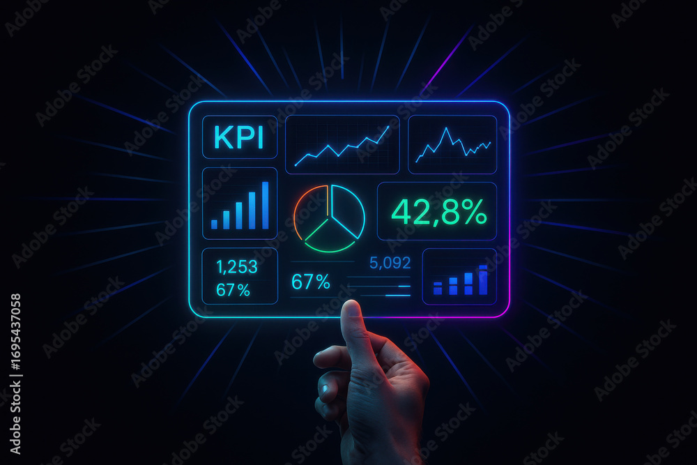 Poster kpi dashboard with charts and graphs glowing in neon light held by hand