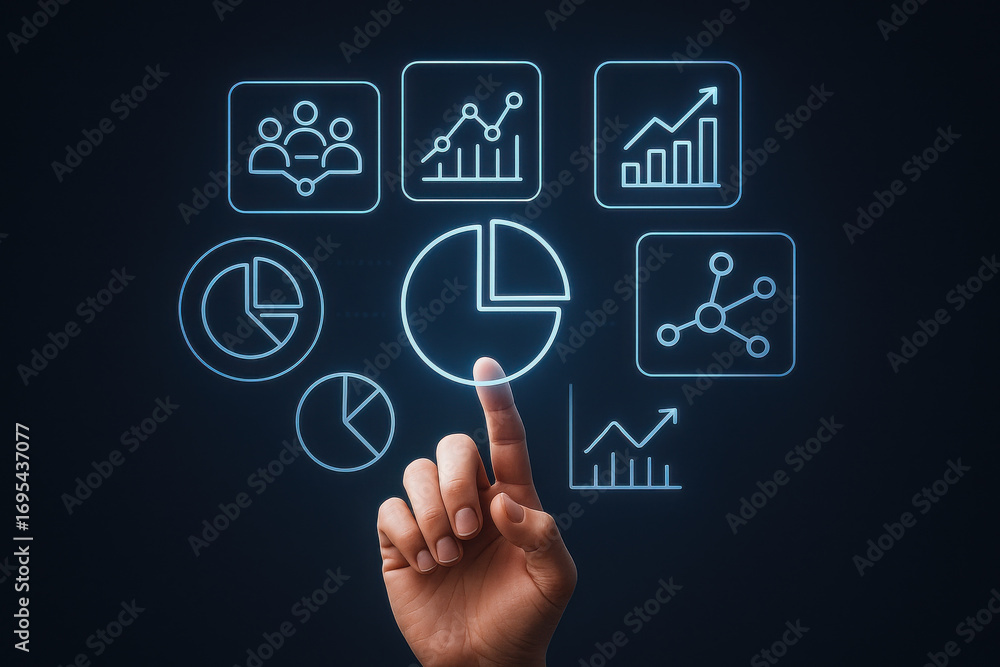 Poster Hand pointing glowing digital pie chart and graph icons representing data analysis and business