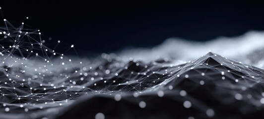 Abstract network of white nodes connected by lines over a dark textured surface, receding into a dark blue-black background