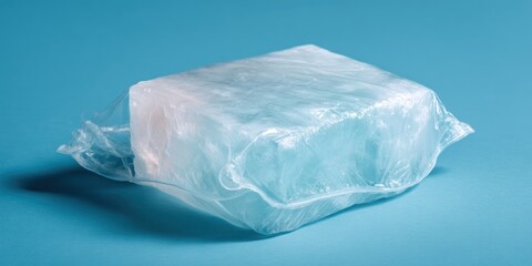 Fototapeta premium Ice block wrapped tightly in thin, crinkled clear plastic on a teal surface, creating shadows and reflections
