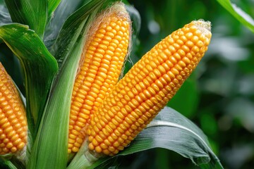 Two ripe corn cobs on stalks with green leaves
