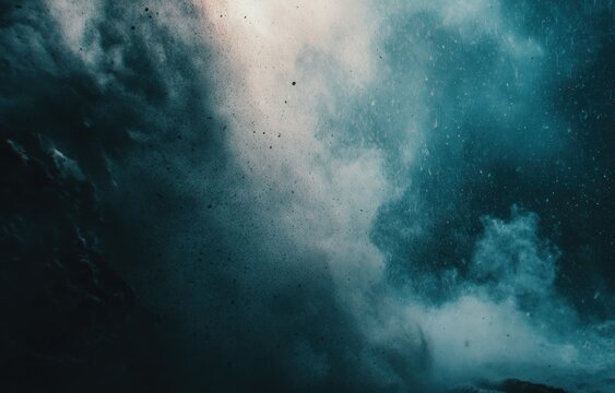 An abstract image capturing the turbulent energy of a dark blue wave crashing, with a spray of droplets and diffused light filtering through - Powered by Adobe