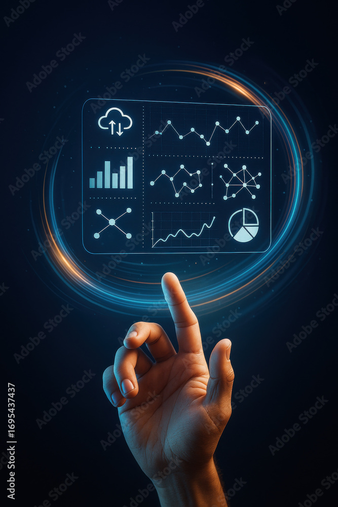 Poster hand interacting with digital data charts and graphs with glowing circular light effect