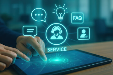 Customer service concept with digital icons and hand using tablet screen