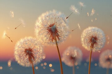 Dandelions at sunset, seeds flying