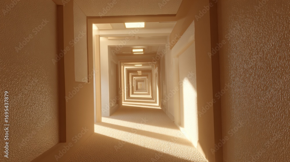 Poster vast perspective of an empty, illuminated hallway with geometric patterns and soft golden lighting