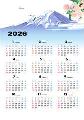 2026年カレンダー、12ヶ月カレンダー,桜の花が咲く富士山を背景に鶴