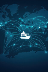 Fototapeta premium Global shipping network with cargo ship and world map connections