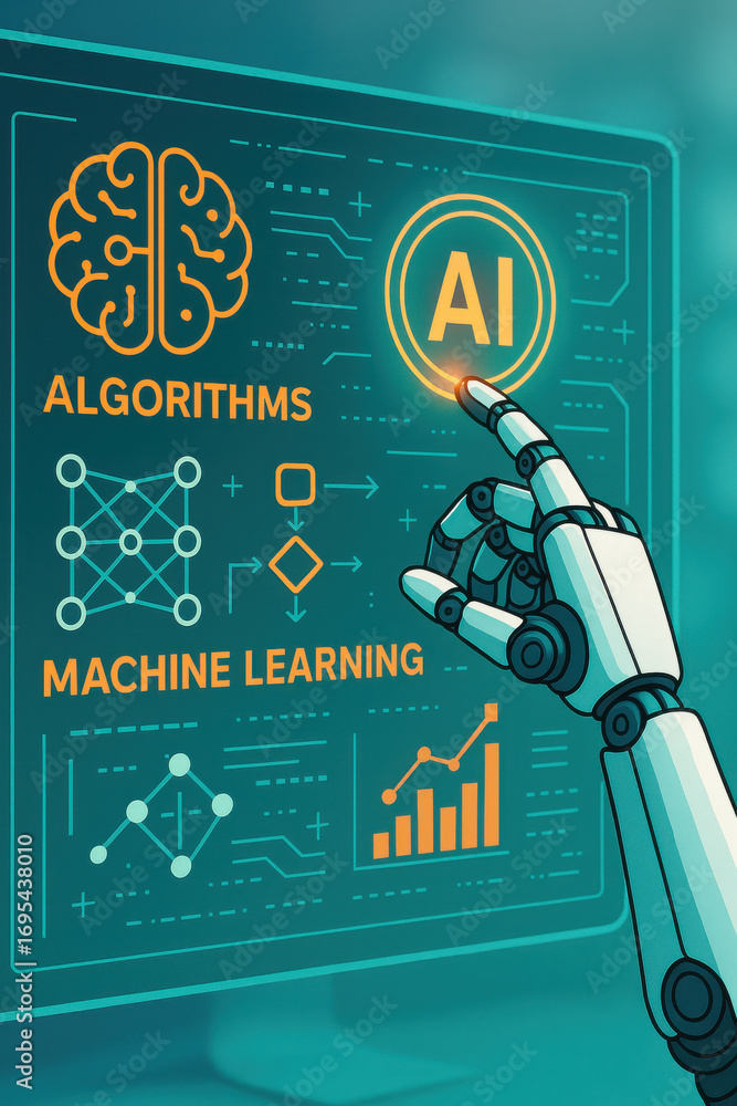Poster artificial intelligence concept with robotic hand interacting with digital screen