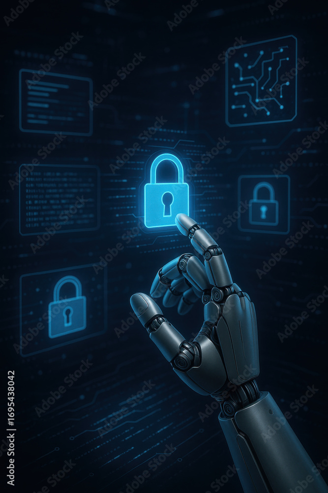 Poster robot hand touching digital lock icon symbolizing cybersecurity and data protection