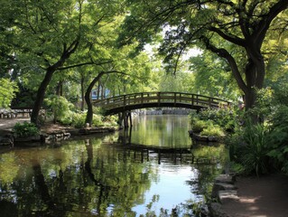 Peaceful Wooden Bridge Over Serene Pond in Lush Park