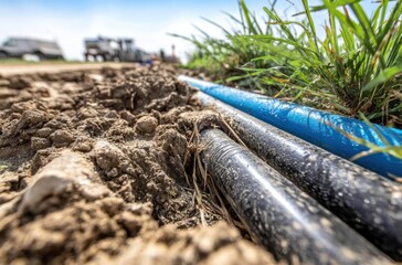 Underground pipes emerging from dirt, nestled near green grass, against a backdrop of blurry machinery and blue sky