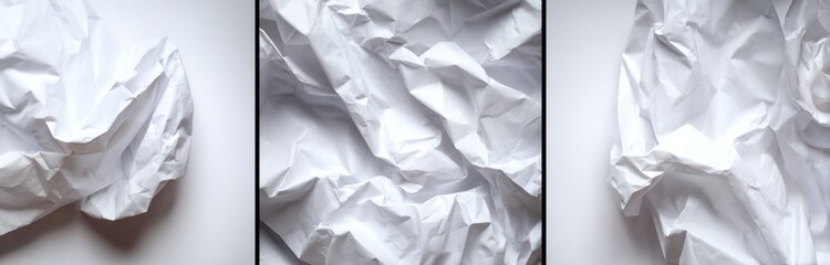 Obraz premium Three panels of textured, crumpled white paper with dramatic lighting highlighting the irregular surface