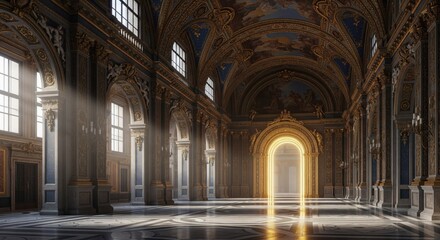 Fototapeta premium Grand, sunlit hall with ornate architecture