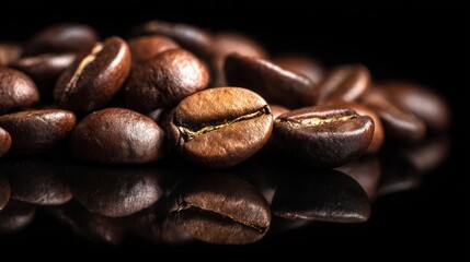 Close-up of a cluster of roasted coffee beans on a reflective black surface with a soft, dark background