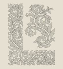 L initial alphabet in floral ornament shape and abstract ornament, Vintage engraving drawing style illustration