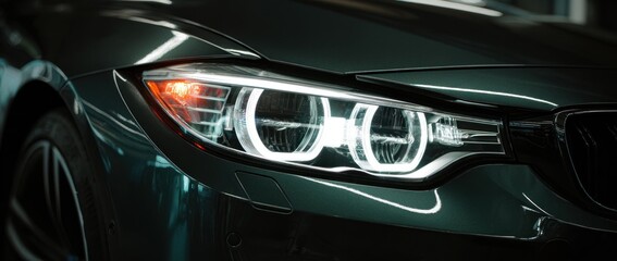 Close-up shot of a modern, dark green vehicle's headlight, brightly illuminated with ring-shaped LED daytime running lights