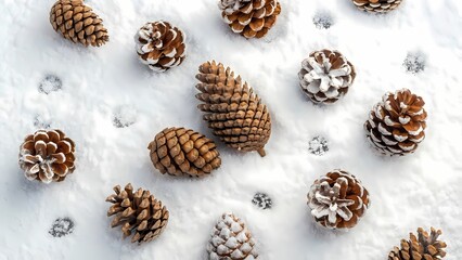 Fototapeta premium Winter Wonderland: Pine Cones on Fresh Snow - Festive Holiday Background Texture