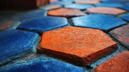 Close-up of rustic, colorful, and weathered hexagonal tiles forming a walkway. Focus varies, creating blur