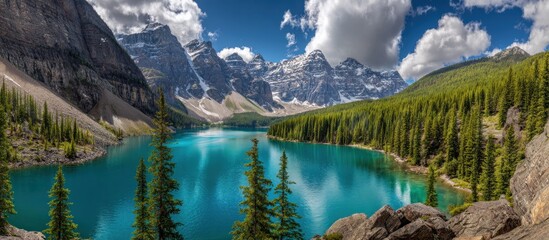 Azure lake reflects mountains and forest under a sunny, partly cloudy sky, framed by rocks and evergreens